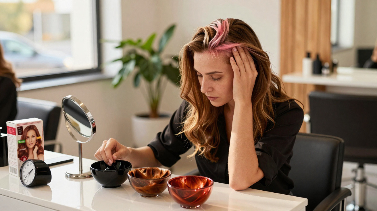 Mulher com mechas cor-de-rosa no cabelo sentada à mesa com tigelas e produtos de coloração capilar.