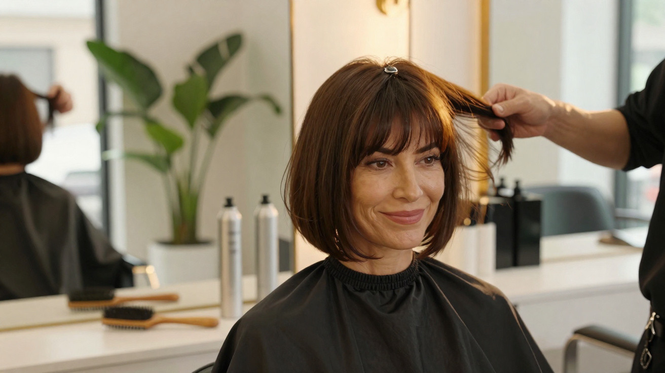 Mulher com cabelo curto e castanho a sorrir numa cadeira de cabeleireiro enquanto leva corte de cabelo.