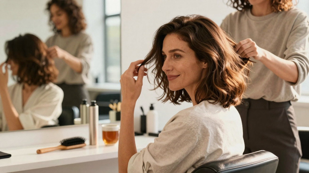 Mulher sorridente apanha o cabelo enquanto cabeleireira penteia o cabelo num salão luminoso.