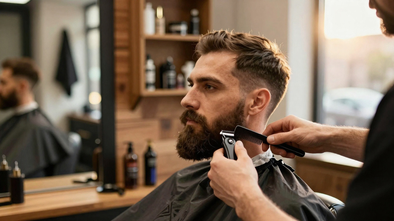 Homem com barba a ser aparado por barbeiro numa barbearia moderna com interior em madeira.