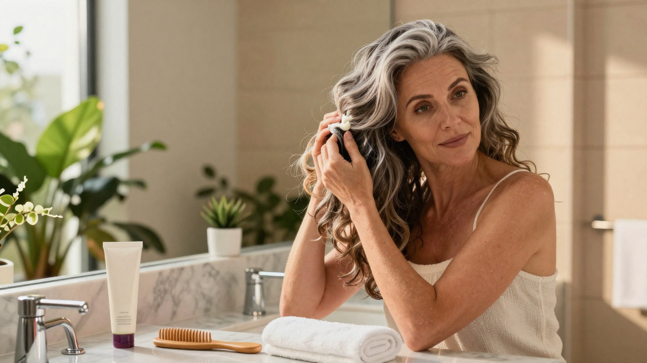 Mulher madura a cuidar do cabelo longo e ondulado num lavatório com plantas ao fundo.