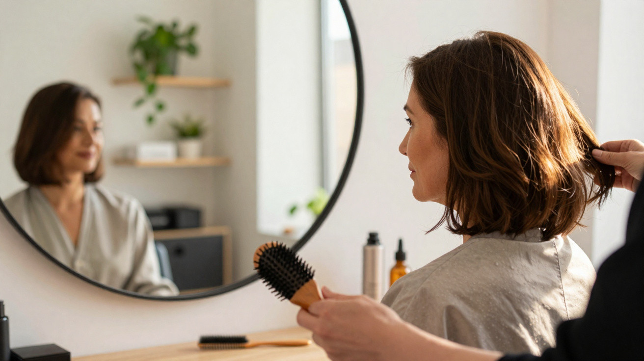 Mulher com cabelo médio a ser penteada por cabeleireiro num salão, refletida num espelho redondo.