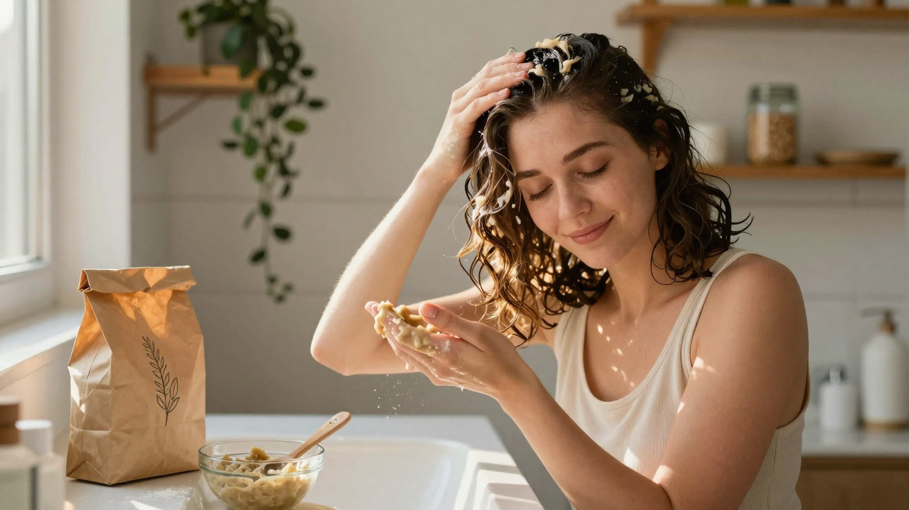 Mulher a aplicar máscara caseira no cabelo numa cozinha luminosa e acolhedora.