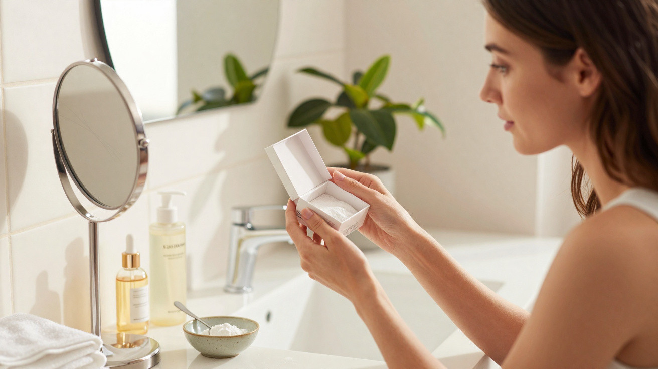 Mulher a olhar para uma caixa branca no banheiro com produtos de cuidado da pele ao lado.