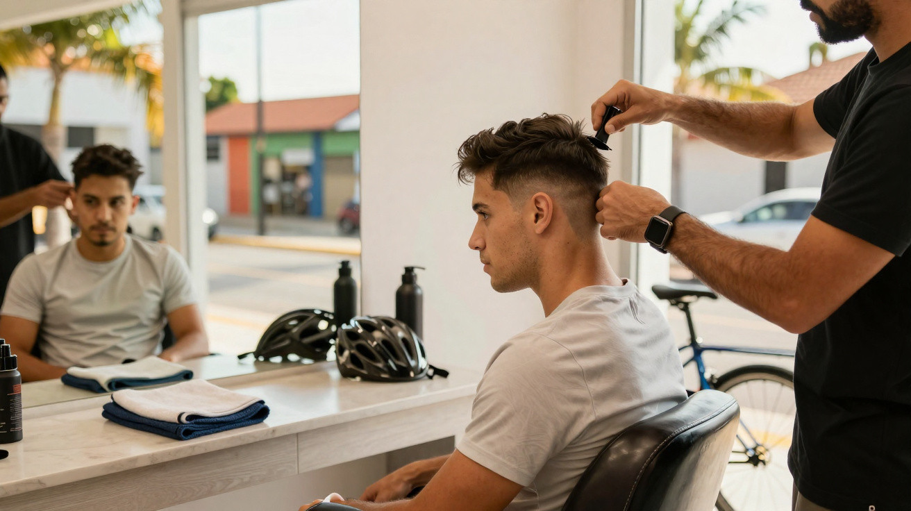Homem sentado num salão de cabeleireiro a receber corte de cabelo de barbeiro.
