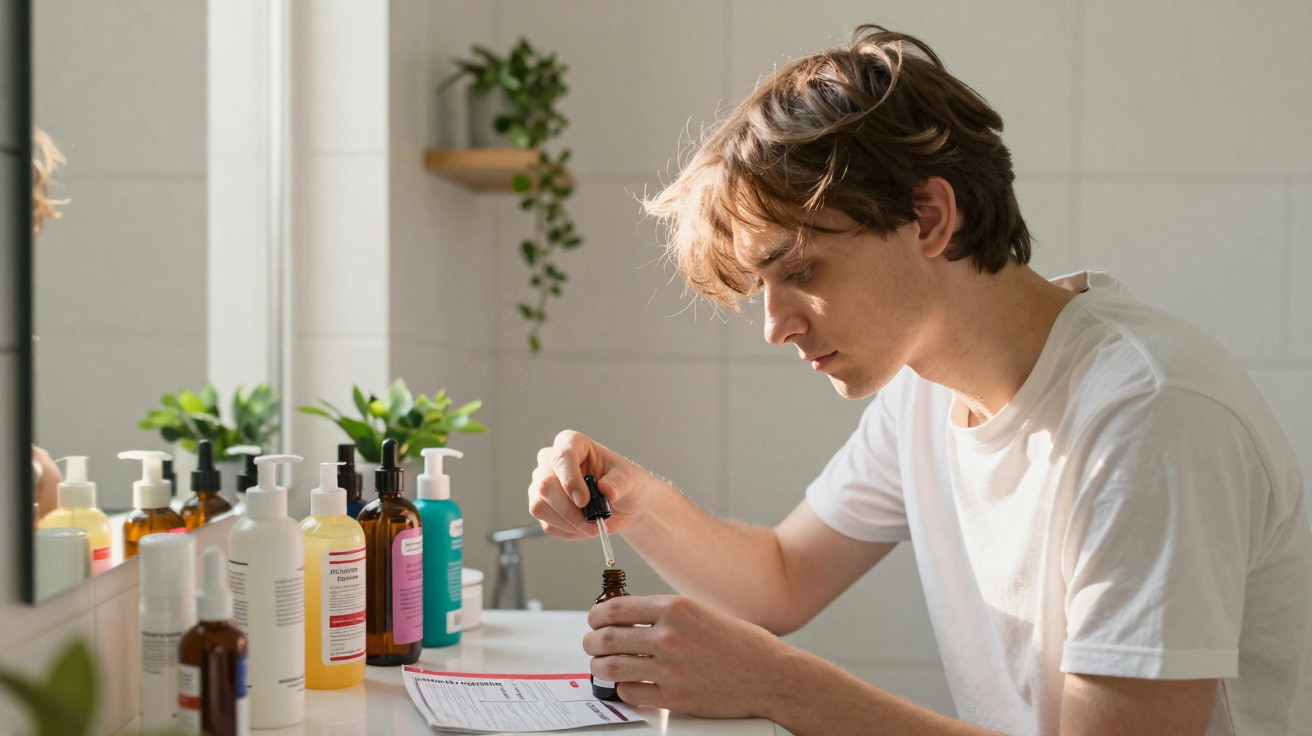 Jovem num banheiro a preparar e aplicar produto de cuidado pessoal junto a vários frascos.