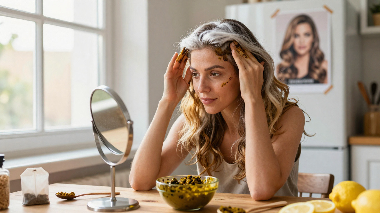 Mulher aplica máscara facial caseira sentada à mesa de cozinha, com espelho e ingredientes naturais.