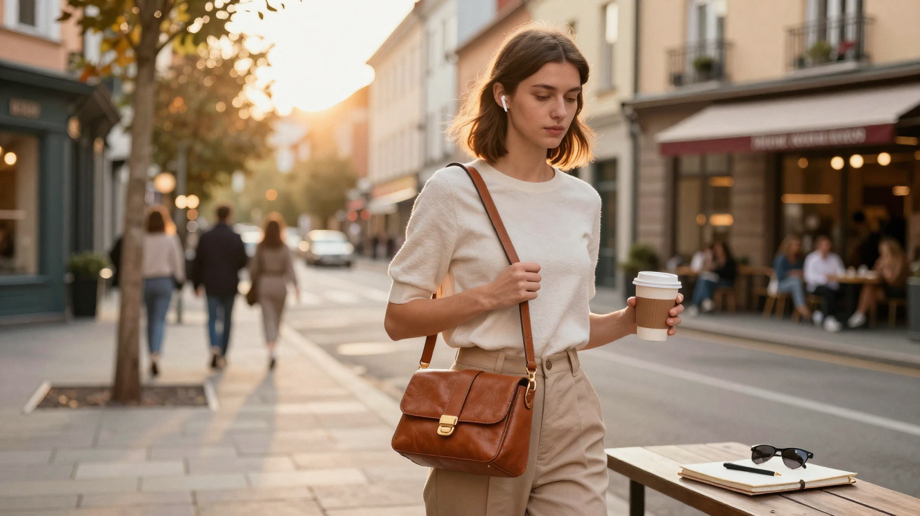 Mulher jovem a andar na rua com uma bebida na mão e bolsa castanha ao ombro ao ar livre ao pôr do sol.