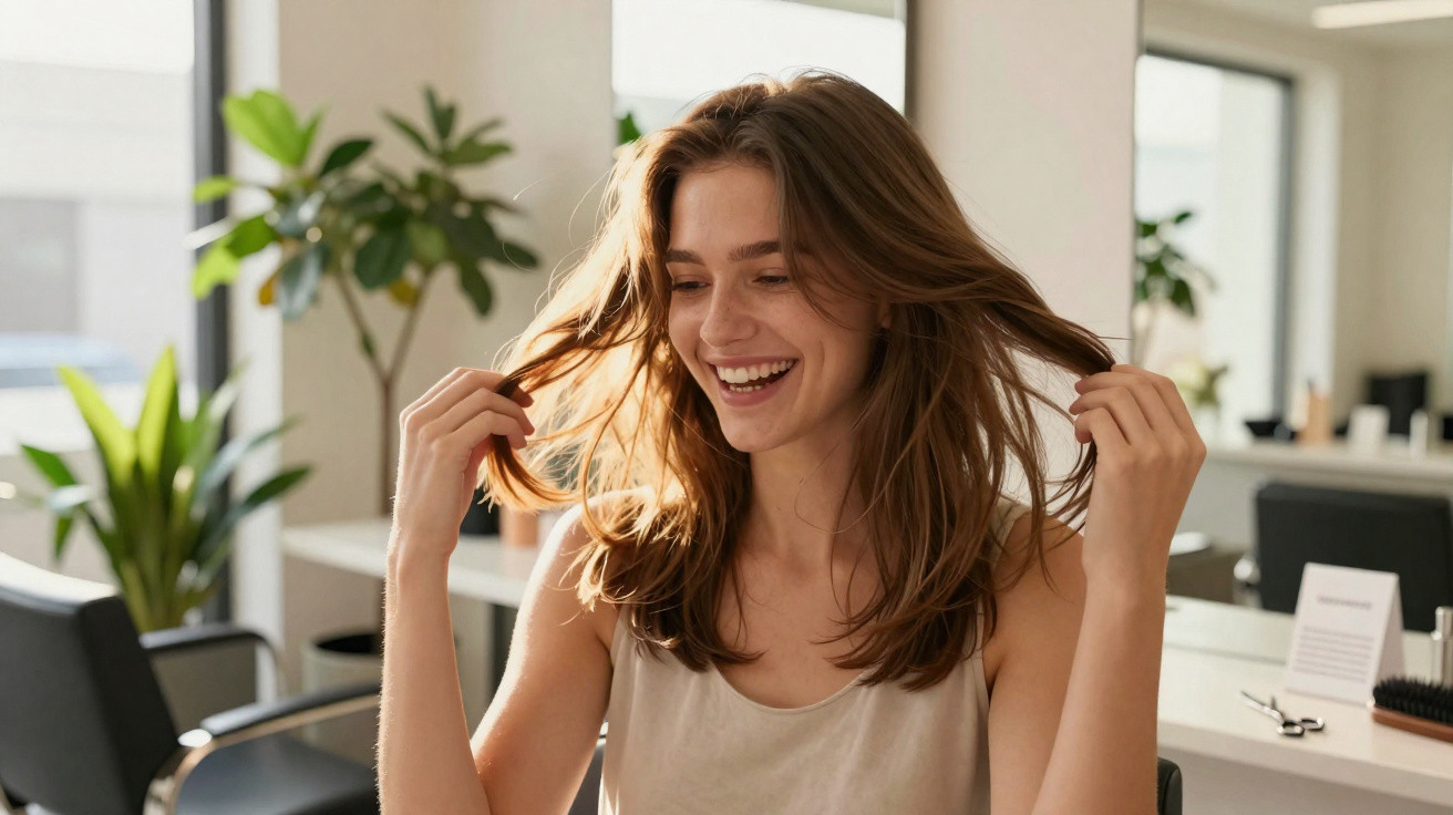 Mulher sorridente num salão de beleza a tocar no cabelo comprido castanho, com plantas ao fundo.