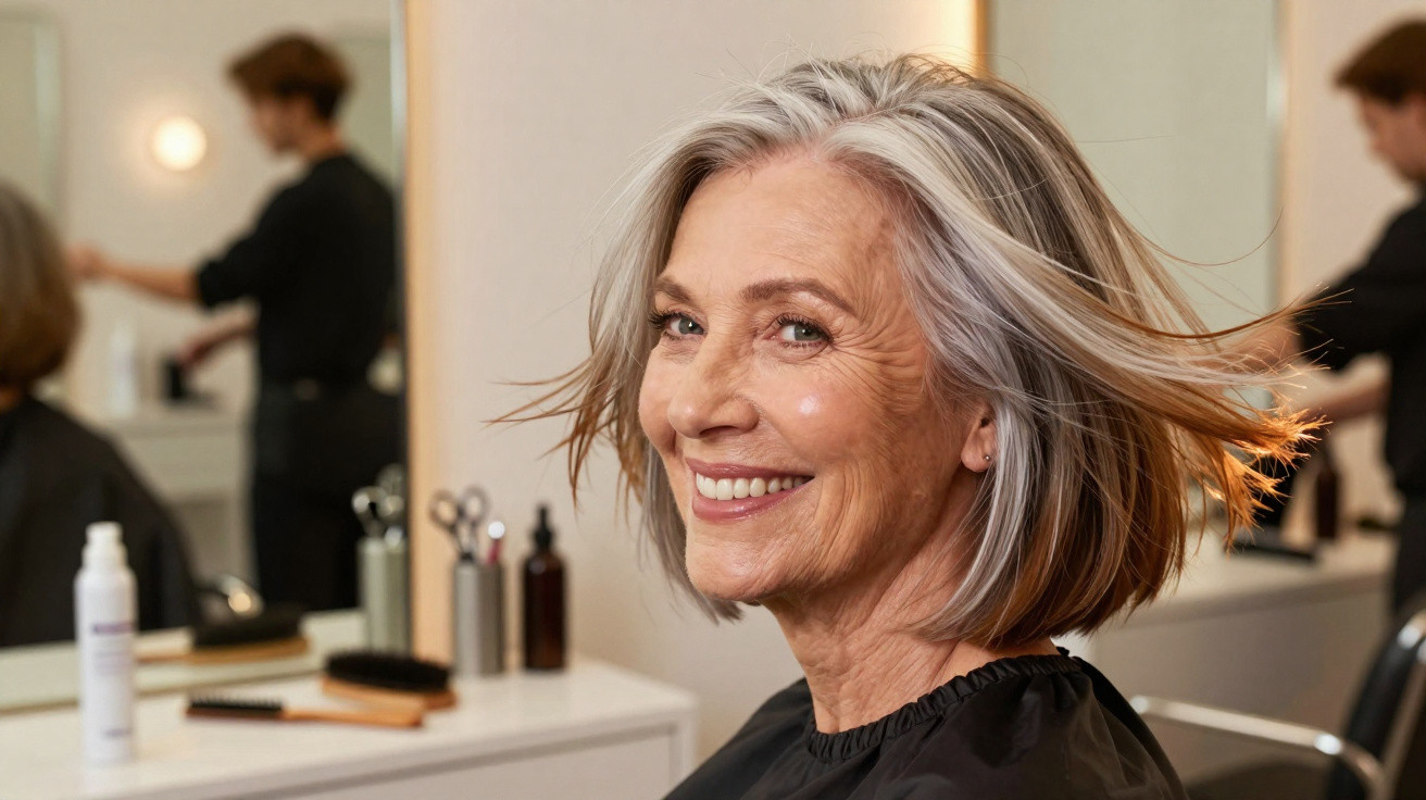 Mulher sénior com cabelo grisalho e sorriso sentado num salão de cabeleireiro.