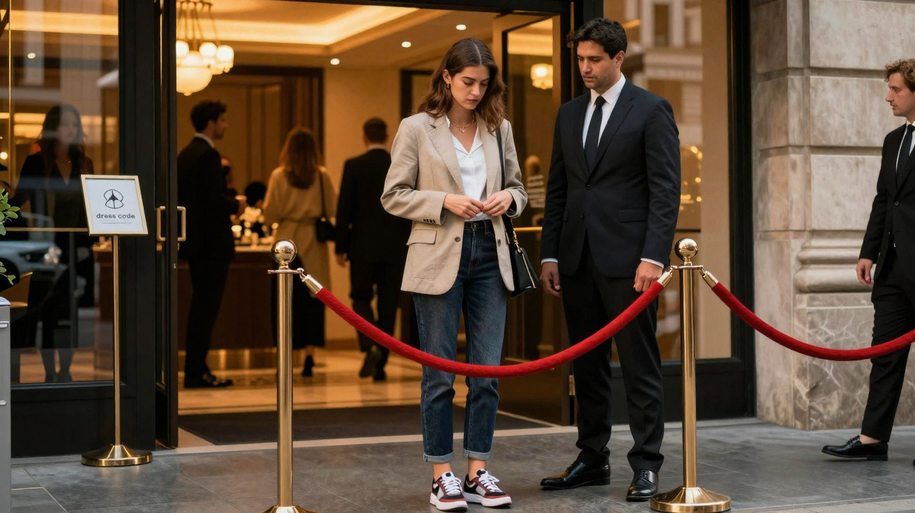 Mulher casual esperando à entrada, vigiada por homem de fato, junto a corda vermelha num evento formal.