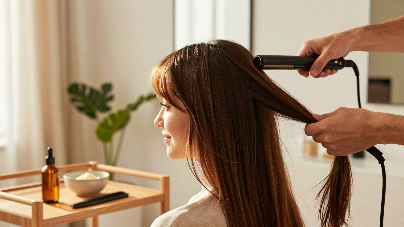 Mulher sentada a alisar o cabelo castanho com prancha numa divisão iluminada e com planta ao fundo.