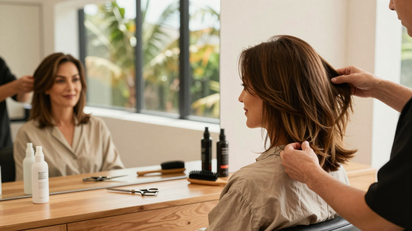 Mulher sentada num salão de cabeleireiro a ter o cabelo arranjado por um profissional.