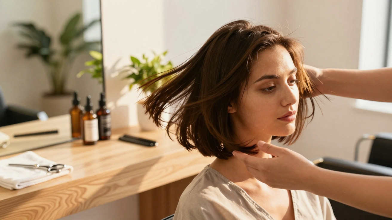 Mulher sentada no salão de beleza a receber tratamento no cabelo por uma cabeleireira.