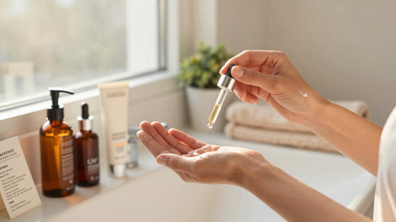 Mãos femininas a colocar óleo facial com conta-gotas num ambiente de casa de banho com produtos no lava-loiça.