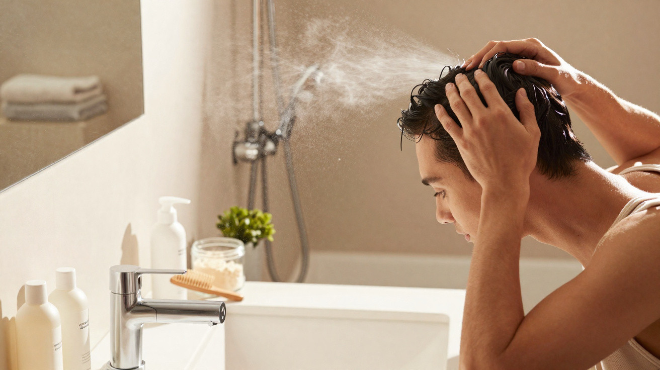 Homem a aplicar spray de cabelo no banheiro frente ao espelho, com produtos de higiene visíveis na bancada.