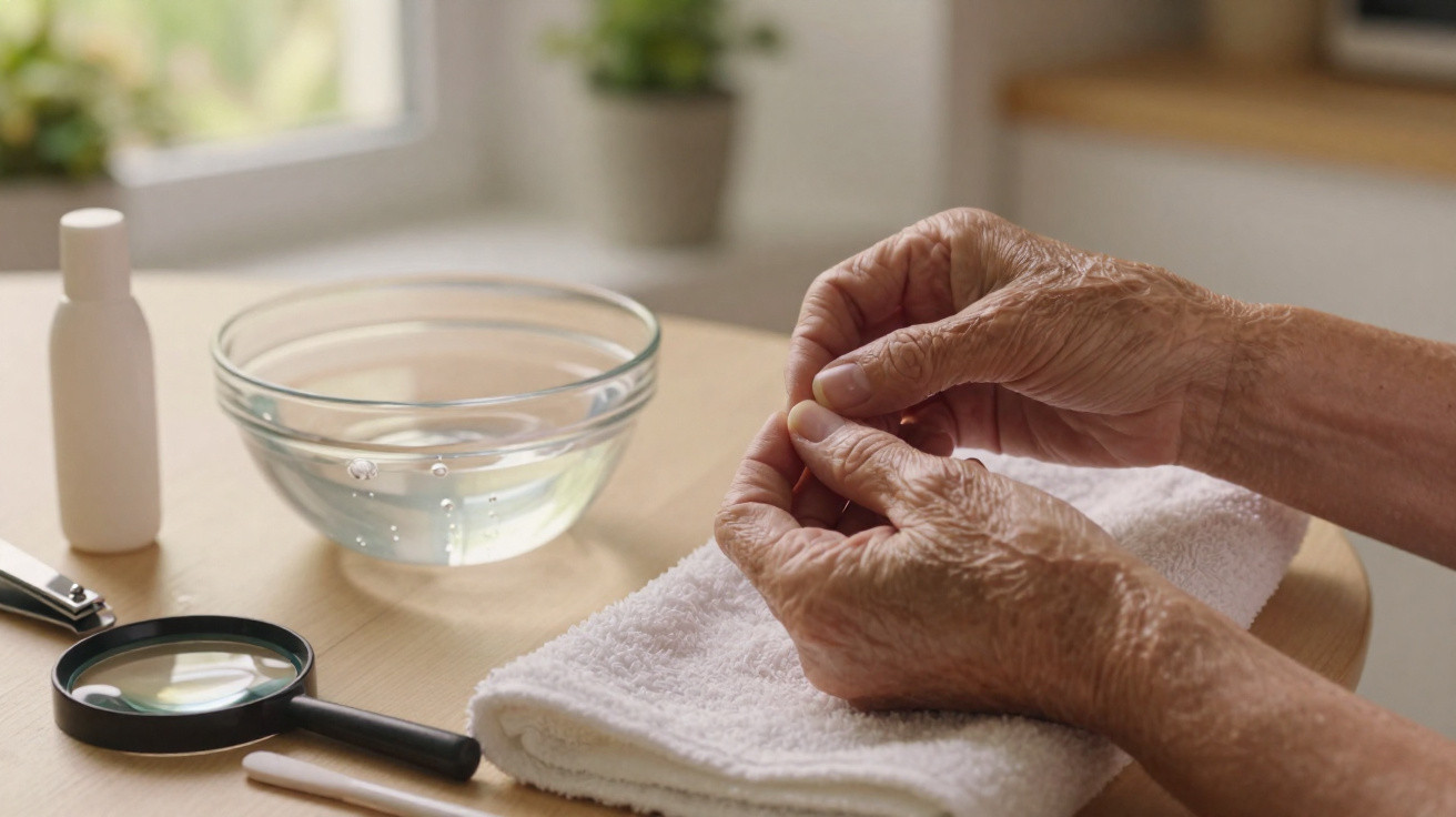 Mãos envelhecidas a cuidar das unhas com toalha, lupa, algodão, óleo e água numa mesa de madeira.