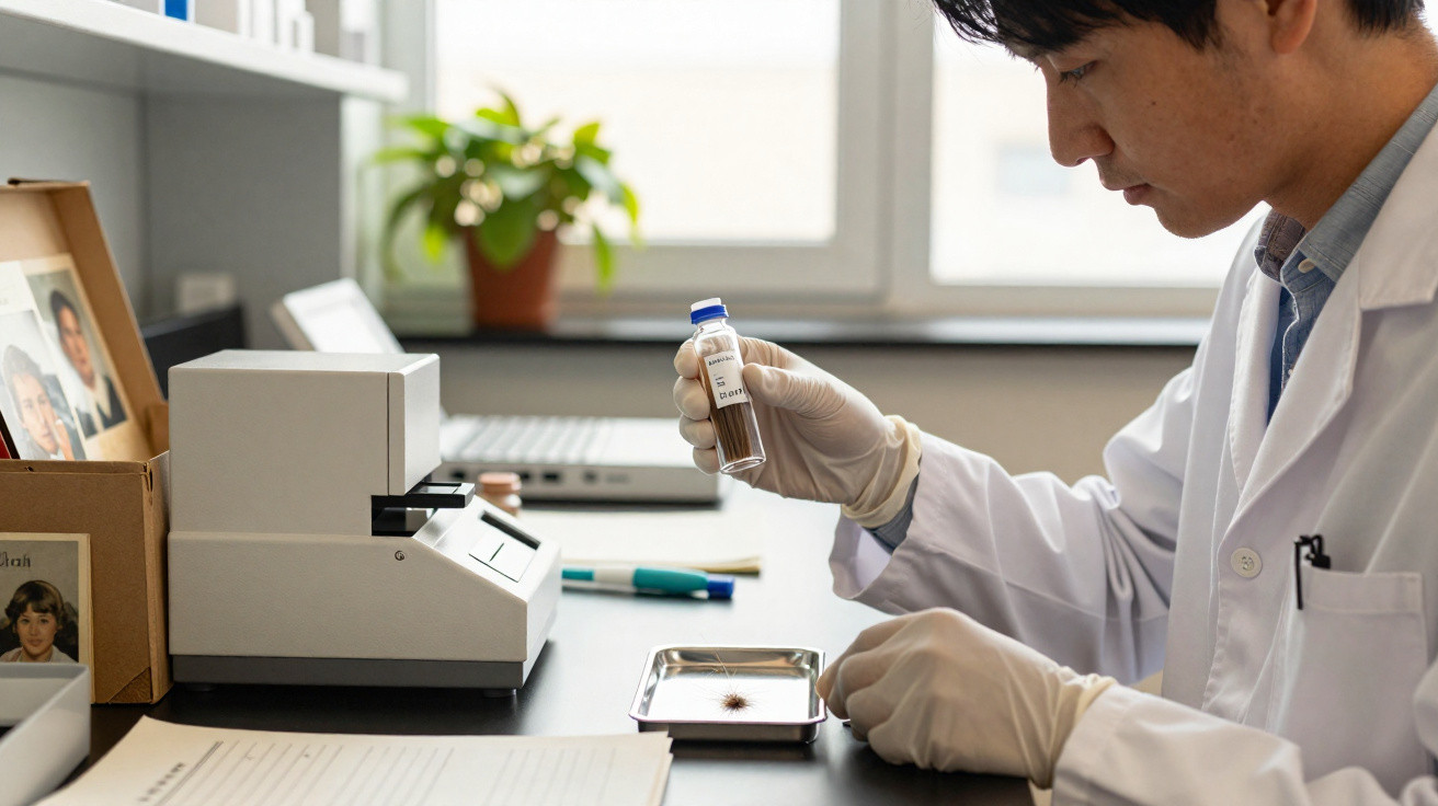 Investigador com bata branca e luvas analisa amostra em laboratório moderno com equipamento e plantas.