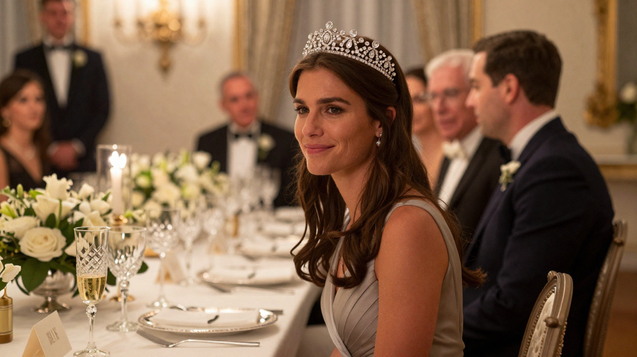 Mulher com diadema sorrindo sentada em mesa elegante decorada com flores e copos de vidro.