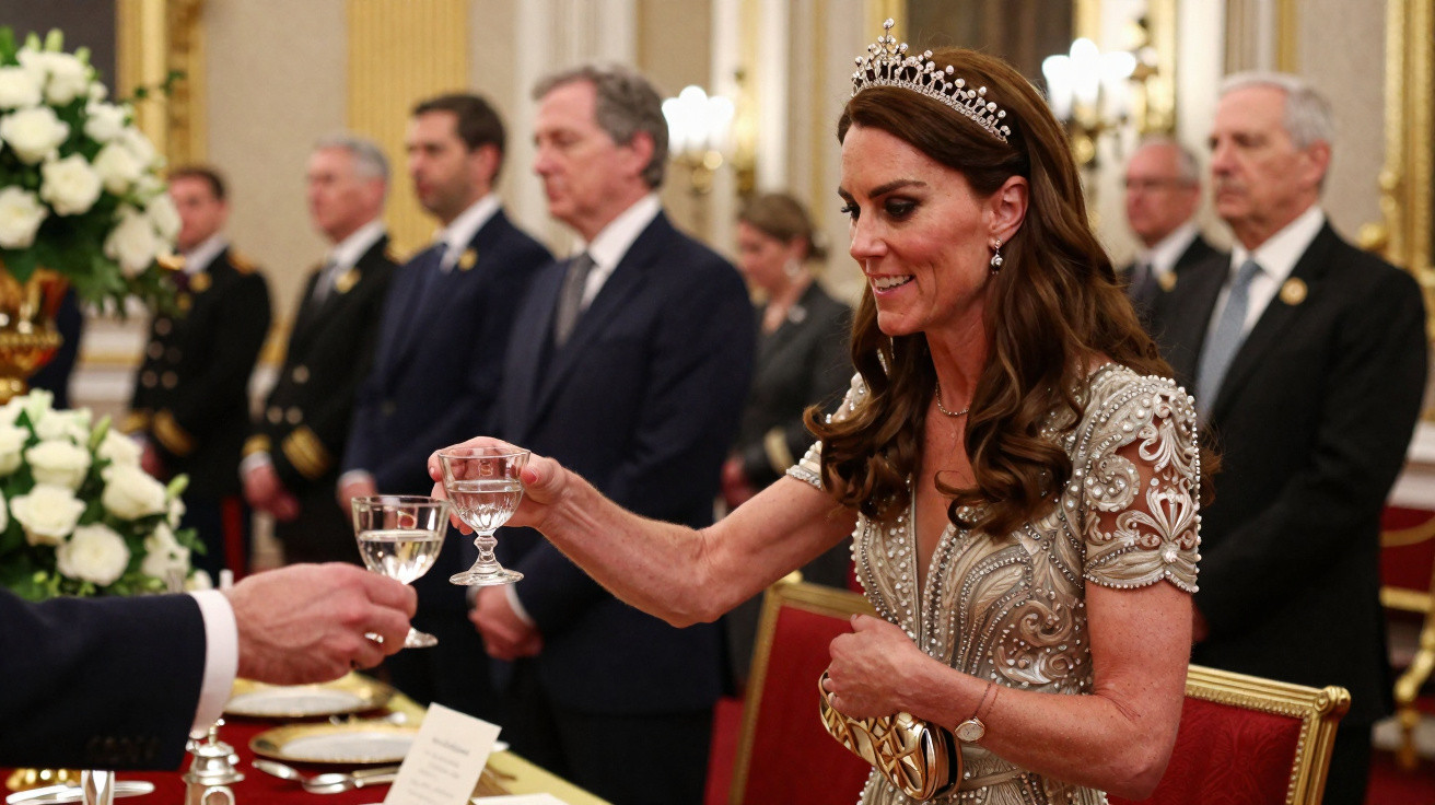 Dama elegante com vestido e tiara a brindar num evento formal com convidados ao fundo.
