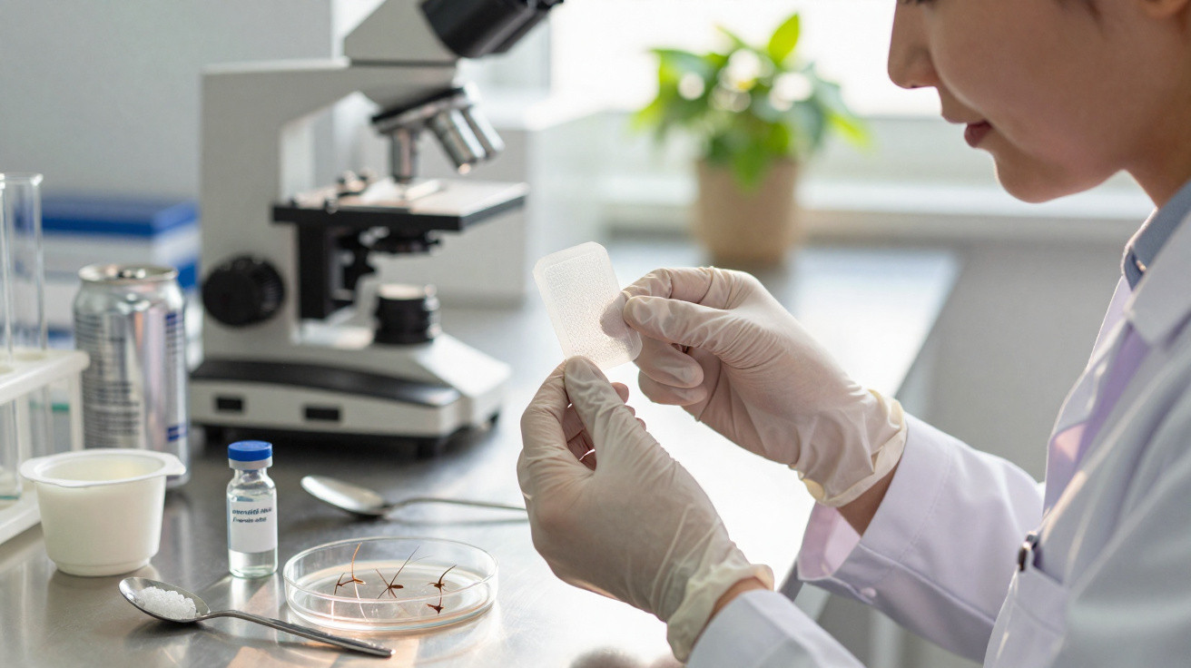 Investigadora em laboratório a analisar amostra para estudo usando luvas e microscópio ao fundo.