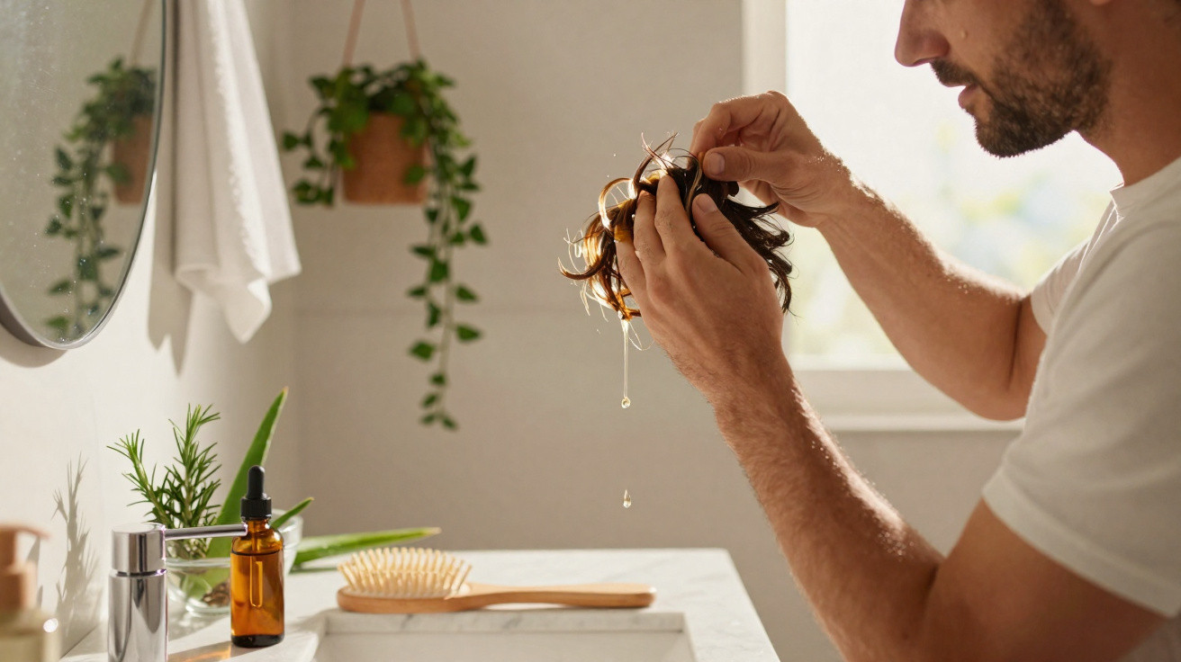 Homem aplica óleo capilar nas mãos num banheiro com plantas e luz natural.