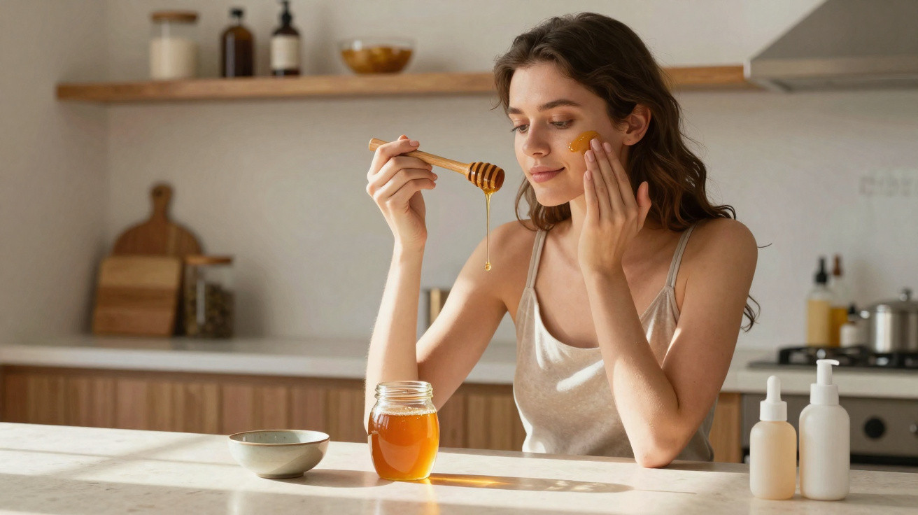 Mulher a aplicar mel no rosto, sentada numa cozinha iluminada com frascos de cosméticos na bancada.