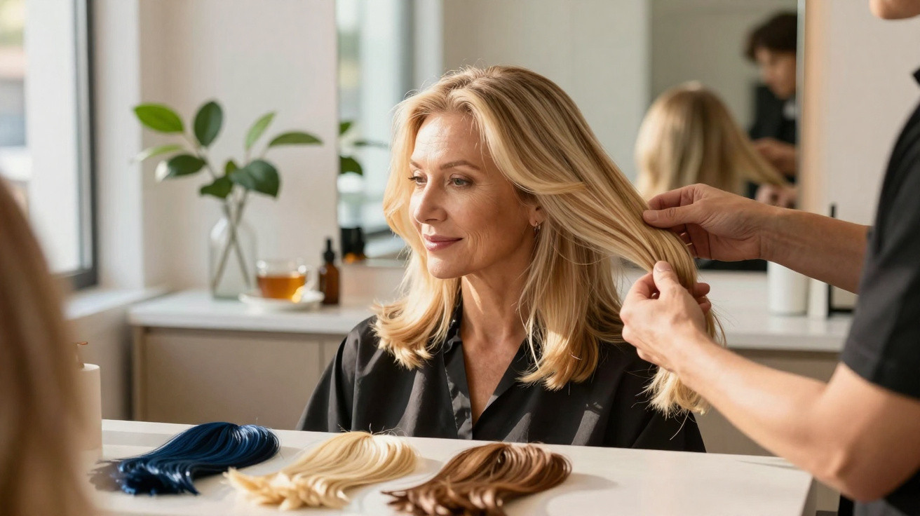 Mulher loira a escolher extensão de cabelo num salão, com cabeleireiro a mostrar-lhe opções.