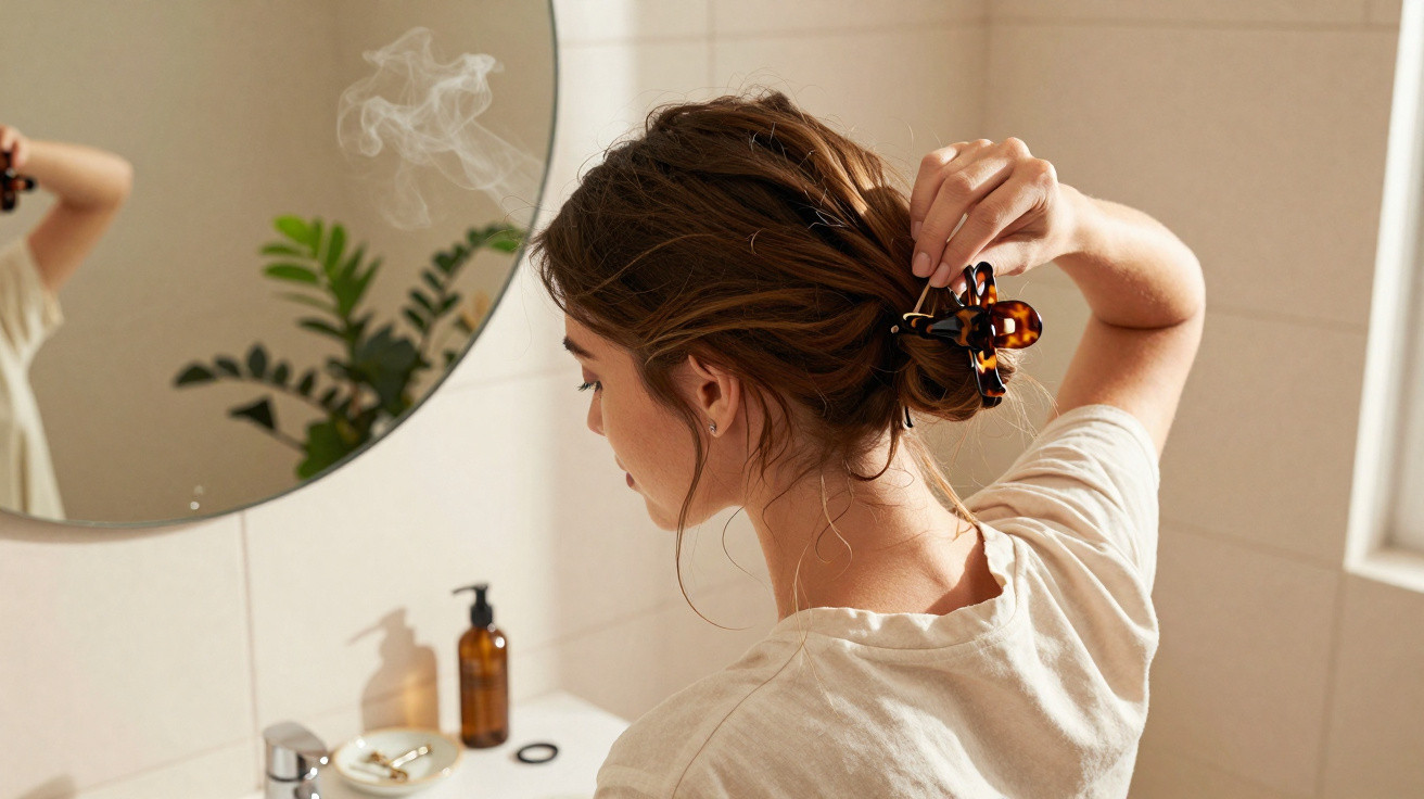 Mulher a prender o cabelo com mola de tartaruga num banho com espelho redondo e plantas na decoração.