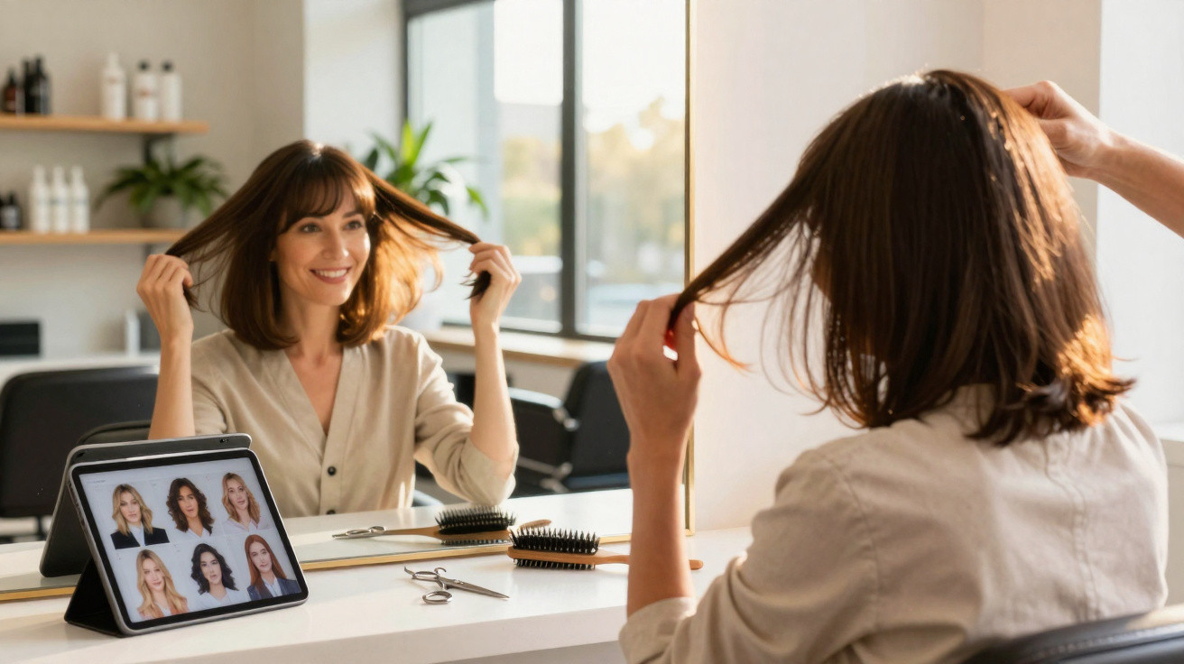Mulher com cabelo castanho médio a experimentar penteado, sentada à frente de espelho num salão de beleza.