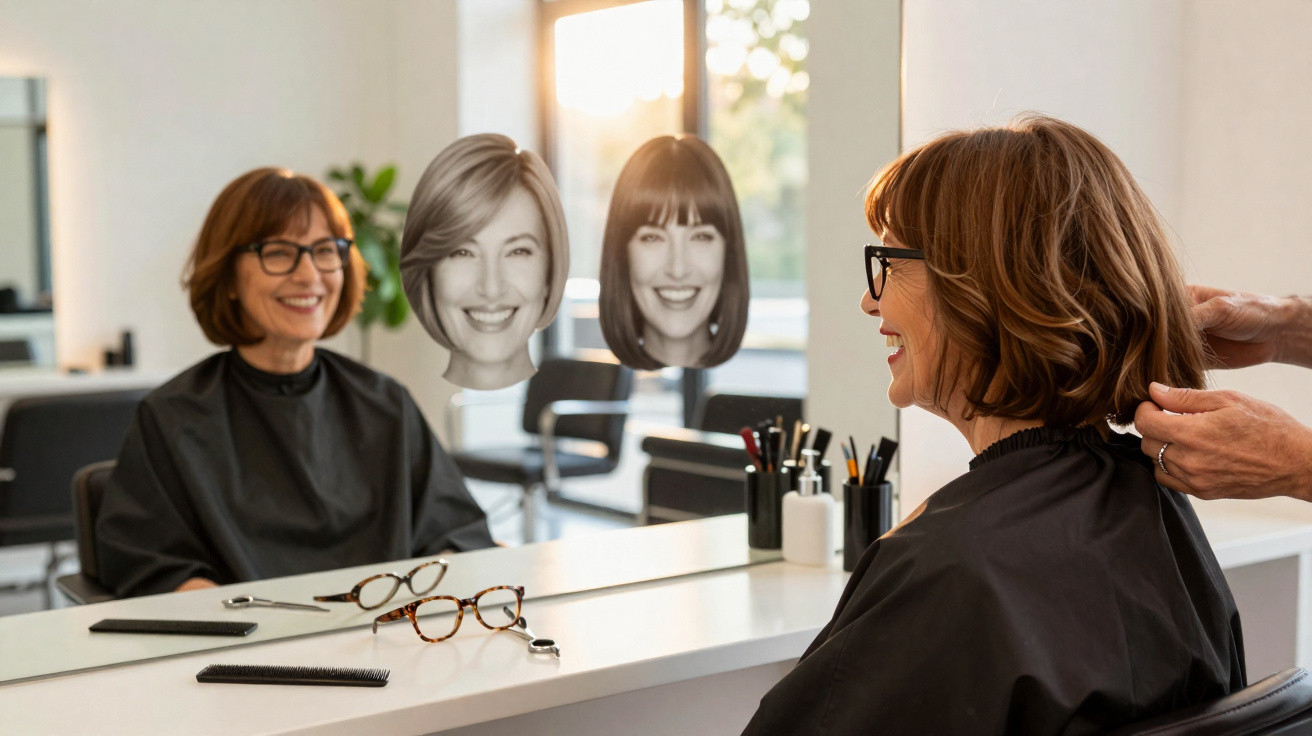 Mulher num cabeleireiro a escolher novo corte de cabelo, olhando para espelho com modelos à sua frente.