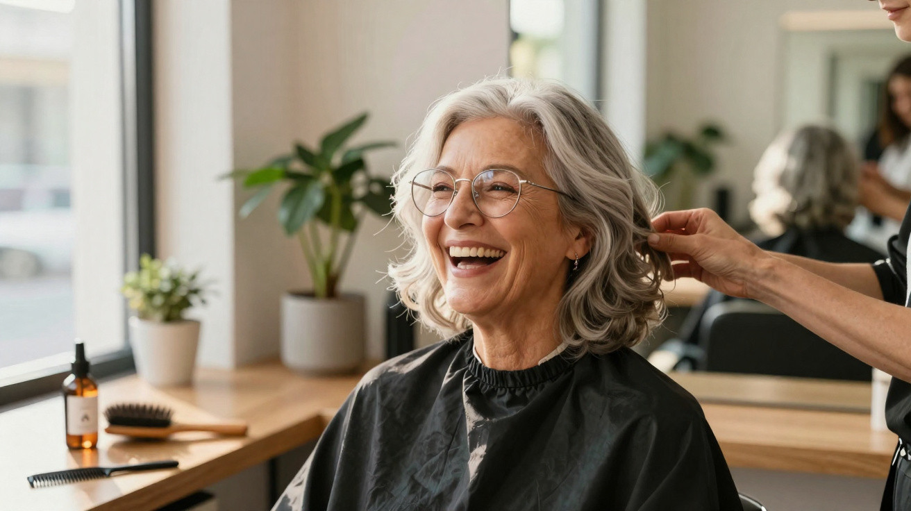 Mulher sénior sorridente a ser penteada num salão de cabeleireiro, com plantas ao fundo.