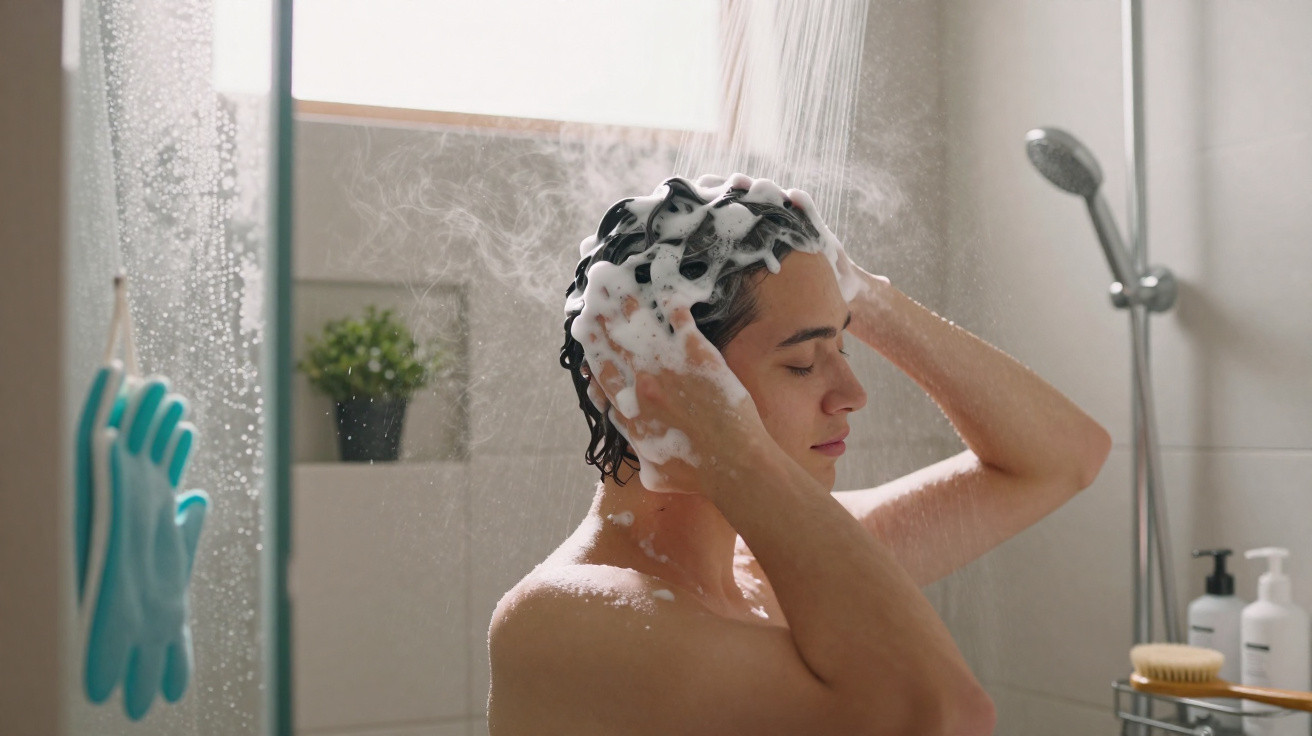 Homem a lavar o cabelo com champô de espuma numa ducha com vapor num banheiro moderno.