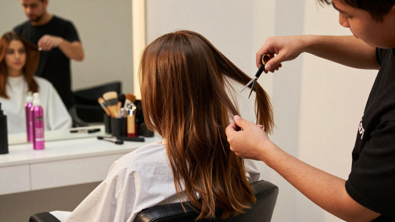 Cabeleireiro a cortar cabelo castanho comprido de uma mulher sentada numa cadeira de cabeleireiro.