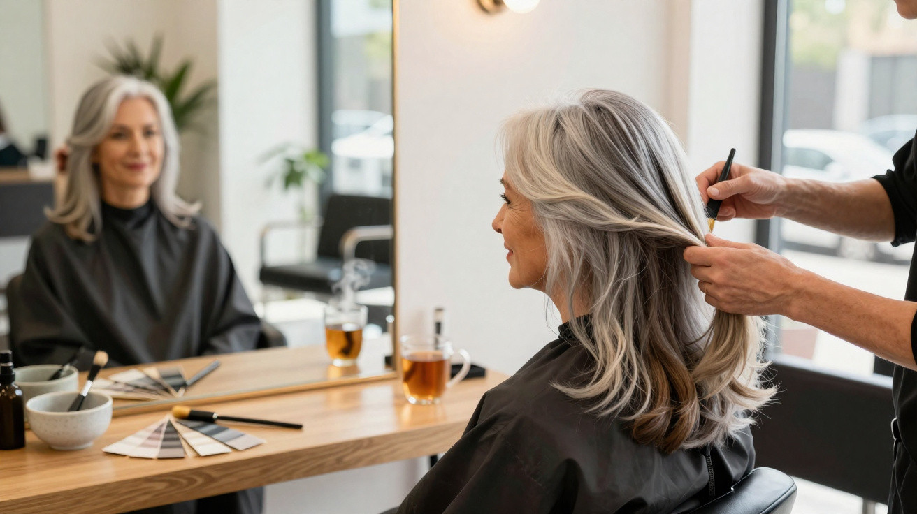 Mulher cabelo grisalho a ser penteada num cabeleireiro com espelho e chá na mesa.