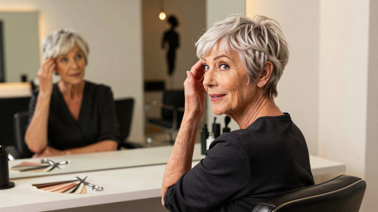 Mulher sénior com cabelo curto branco sentada numa cadeira, a olhar para o espelho num salão de beleza.