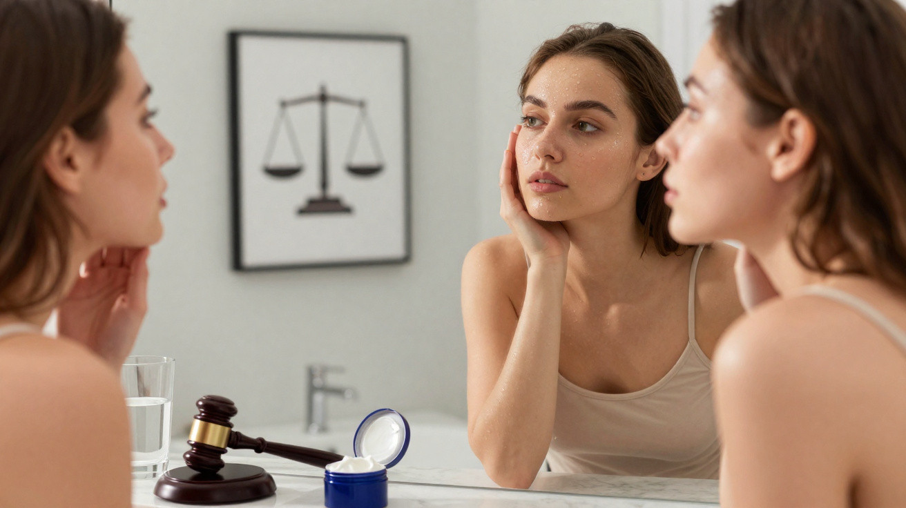 Mulher a aplicar creme no rosto em frente de um espelho com um martelo de juiz ao lado.