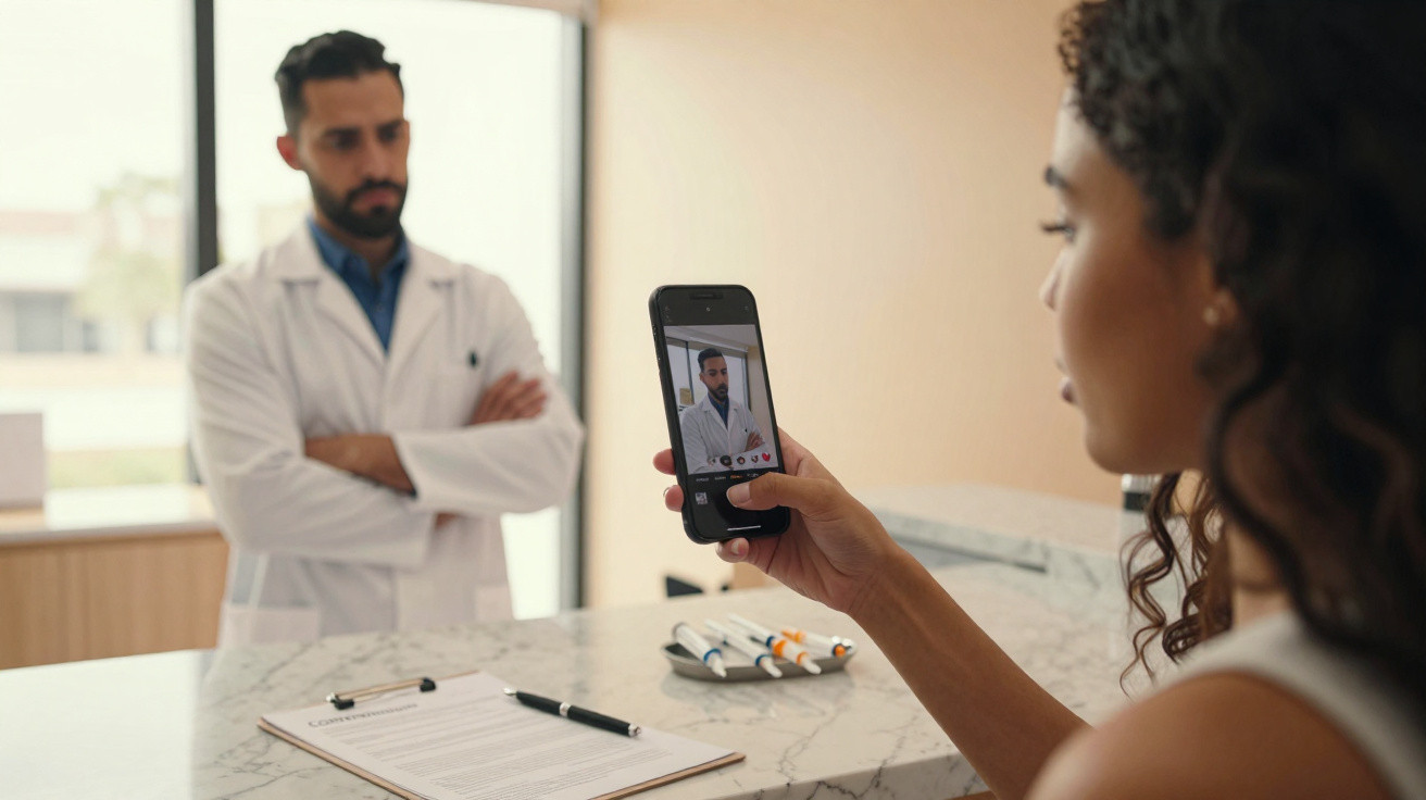 Mulher a tirar selfie com telemóvel enquanto médico de bata branca está ao fundo, junto a uma secretária.