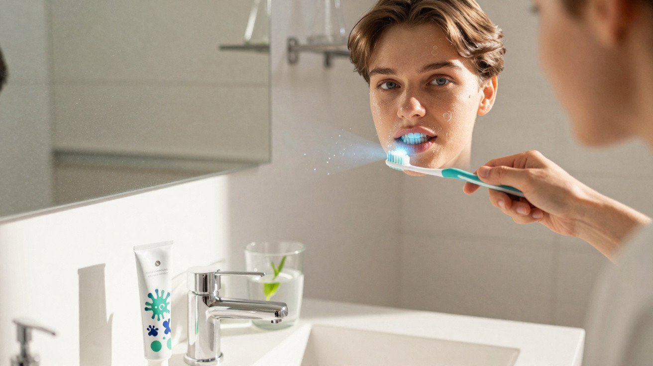 Pessoa em frente ao espelho a segurar uma escova de dentes elétrica com luz azul ligada na casa de banho.