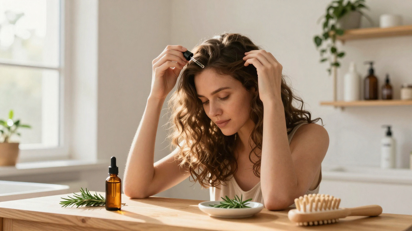Mulher a aplicar óleo capilar com conta-gotas, sentada numa mesa com escova e planta ao fundo.