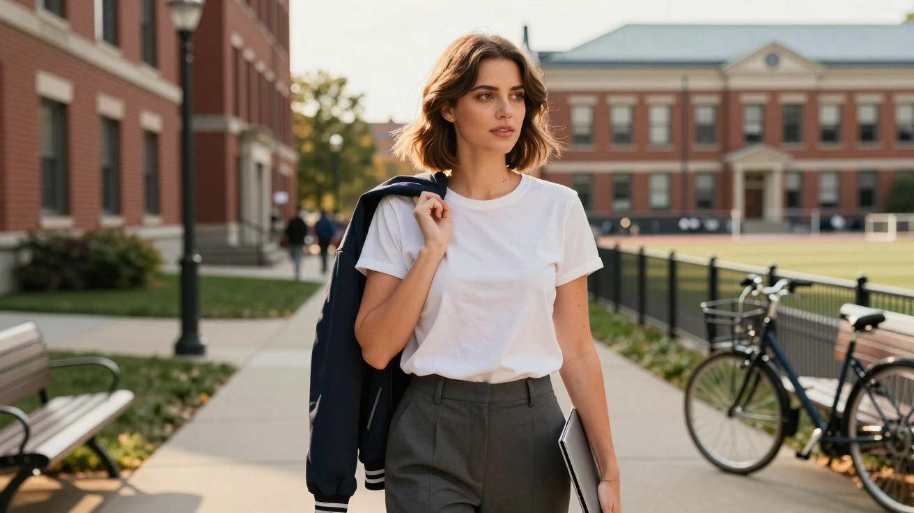 Jovem mulher com t-shirt branca e casaco ao ombro caminha num campus universitário com bicicletas e edifícios ao fundo.