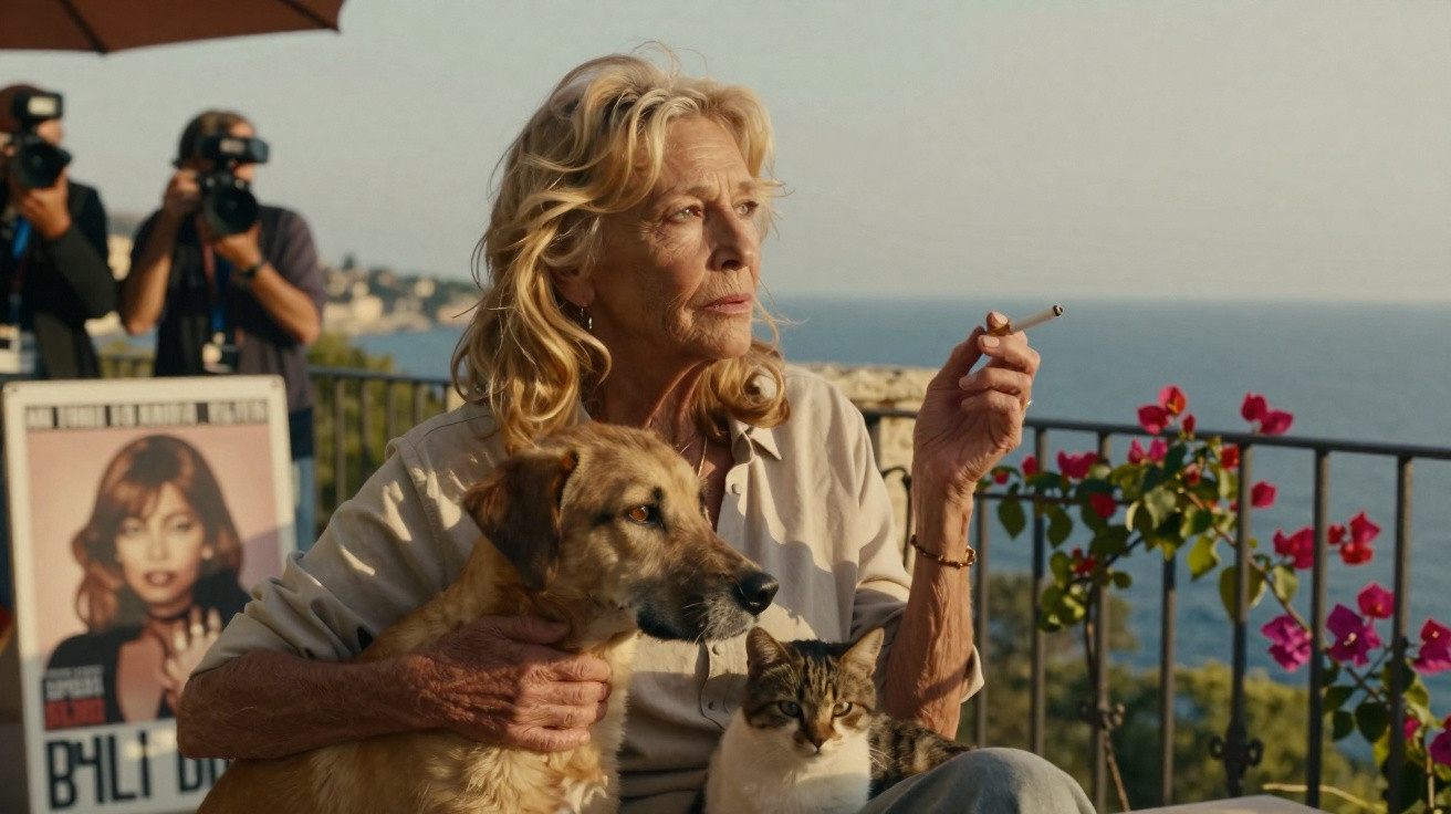 Mulher idosa sentada com cão e gato no colo, a fumar, vista para o mar ao entardecer.