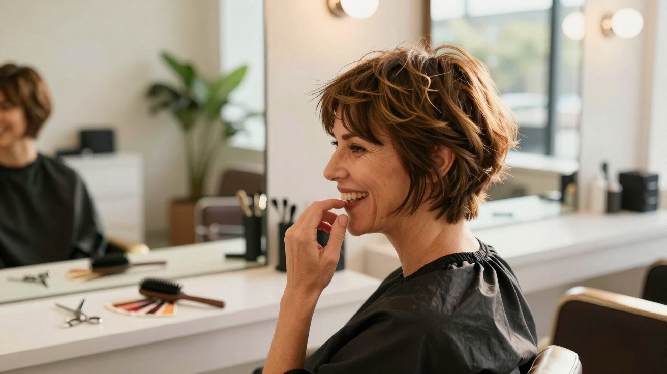 Mulher sorridente com cabelo curto castanho no salão de cabeleireiro, sentada frente a espelho grande.