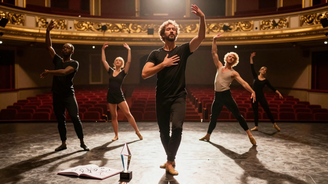 Cinco bailarinos a praticar dança no palco vazio de um teatro com luz quente e troféu no chão.
