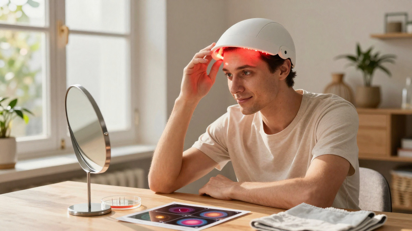 Homem com capacete de luz vermelha para tratamento capilar sentado à mesa em ambiente doméstico.
