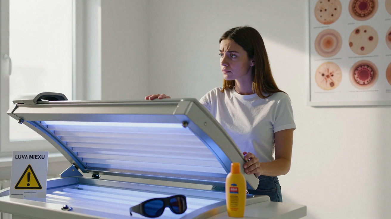 Mulher a abrir máquina de bronzeamento interior com protetor solar e óculos escuros numa clínica.