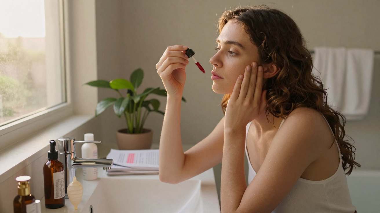 Mulher aplicada sérum facial junto a lavatório com plantas e produtos de beleza numa casa de banho iluminada.