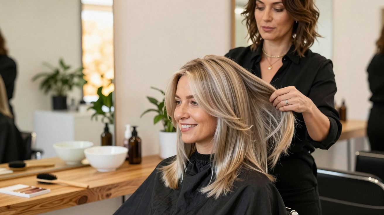 Mulher loira sorridente a receber penteado num cabeleireiro moderno e iluminado.