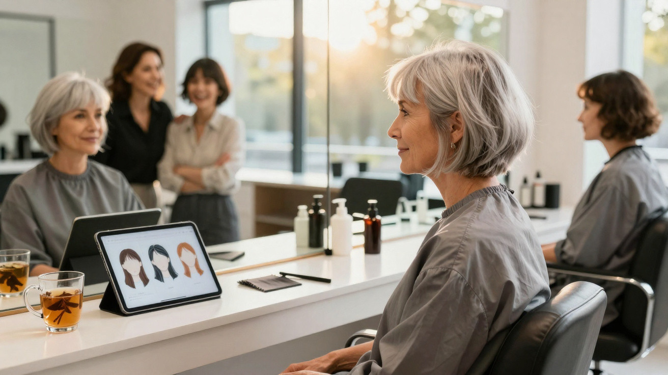 Mulher sénior sentada num salão de cabeleireiro, a escolher penteado num tablet, com duas mulheres ao fundo.