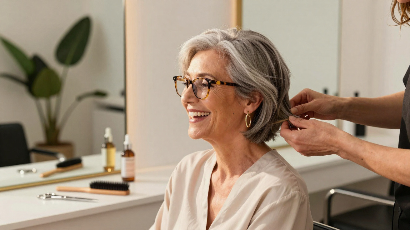Mulher sénior sorridente a ser penteada num salão, com cabelo curto e óculos castanhos.
